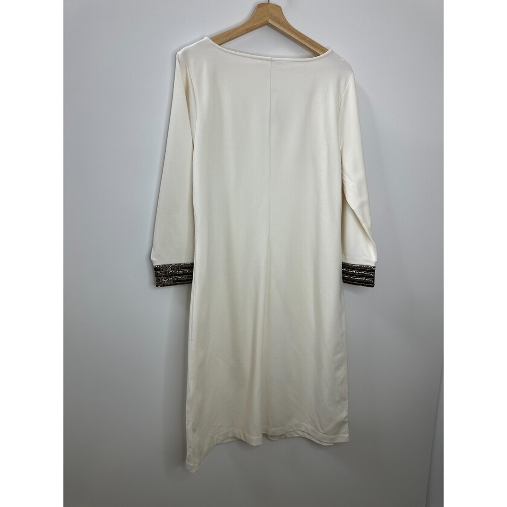 New Christian Siriano x J.Jill Cream Ponte Knit Beaded Cuff Dress Large Tall LT - Picture 15 of 16